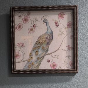 Framed Peacock Art with Floral Design Wall Decor Cherry Blossoms